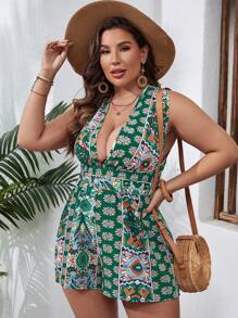 SHEIN VCAY 大碼圖案印花深V領連身短褲 - 綠色 - 查看 5