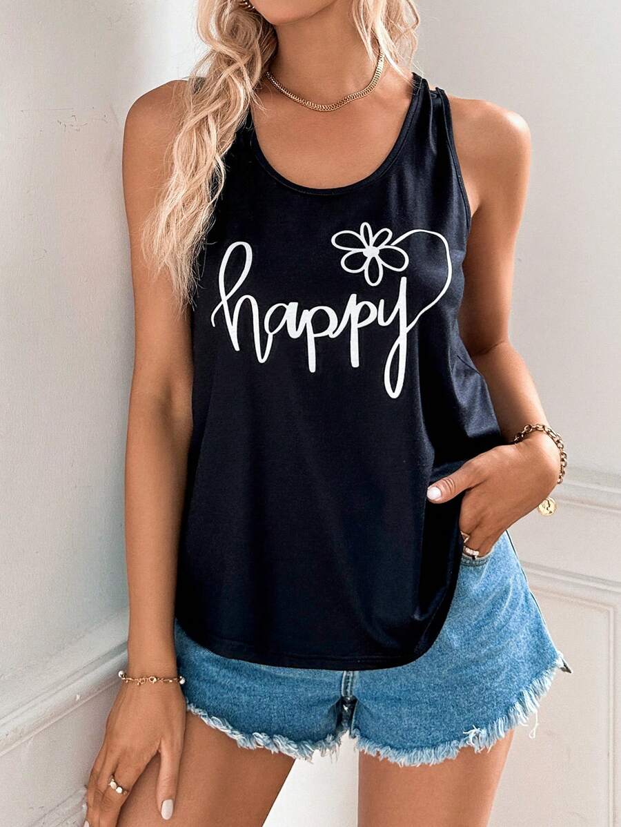 SHEIN LUNE Floral & Letter Graphic Tank Top - Black - View 1