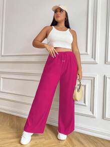 SHEIN EZwear 大碼腰部抽繩闊腿褲 - 玫紅色 - 查看 3