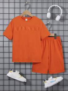SHEIN Bộ hai mảnh Trai Túi màu trơn Giải trí - trái cam - Xem 1