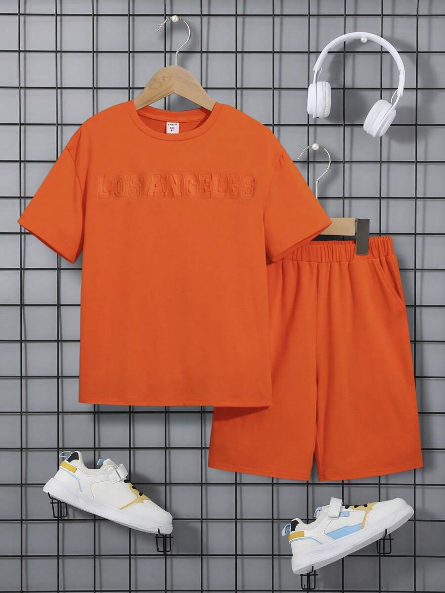 SHEIN Bộ hai mảnh Trai Túi màu trơn Giải trí - trái cam - Xem 1