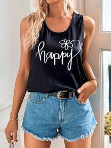 SHEIN LUNE Floral & Letter Graphic Tank Top - Black - View 3