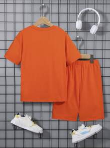 SHEIN Bộ hai mảnh Trai Túi màu trơn Giải trí - trái cam - Xem 2