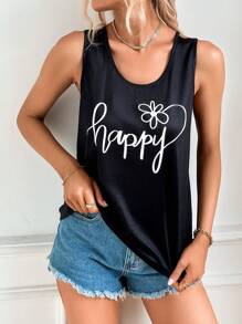 SHEIN LUNE Floral & Letter Graphic Tank Top - Black - View 6