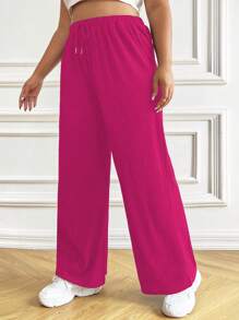 SHEIN EZwear 大碼腰部抽繩闊腿褲 - 玫紅色 - 查看 5