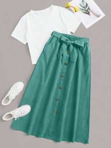 Mulvari Bộ đồ hai mảnh nữ Thắt lưng Nút phía trước Khối Màu Giải trí - Màu xanh ngọc - Xem 1