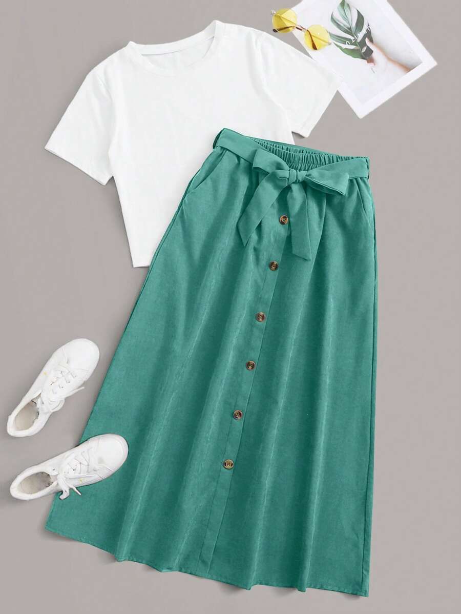 Mulvari Bộ đồ hai mảnh nữ Thắt lưng Nút phía trước Khối Màu Giải trí - Màu xanh ngọc - Xem 1