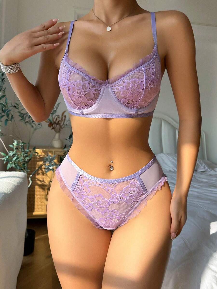 Classic Sexy Set de lencería con encaje floral con aro - Lila Púrpura - Ver 1
