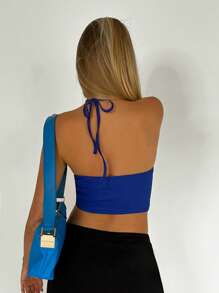 SHEIN EZwear Drawstring Tie Backless Crop Halter Top - Royal Blue - View 2