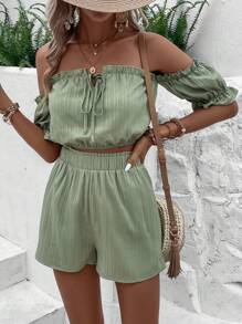 SHEIN VCAY Off Shoulder Frill Trim Tie Front Top & Shorts - Multicolor - View 3