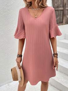 SHEIN LUNE Solid Flounce Sleeve V Neck Dress - Pink - View 1