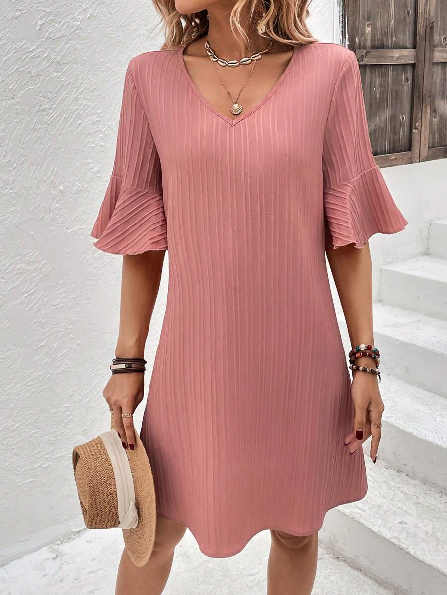 SHEIN LUNE Solid Flounce Sleeve V Neck Dress - Pink - View 1