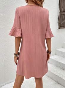 SHEIN LUNE Solid Flounce Sleeve V Neck Dress - Pink - View 2