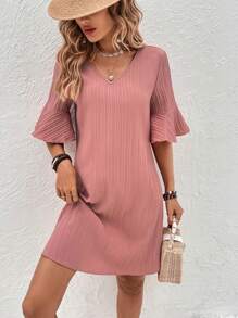 SHEIN LUNE Solid Flounce Sleeve V Neck Dress - Pink - View 3