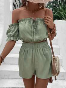 SHEIN VCAY Off Shoulder Frill Trim Tie Front Top & Shorts - Multicolor - View 5