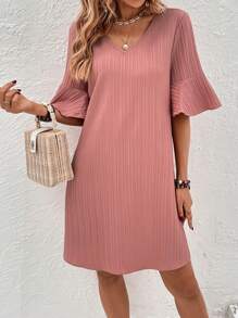 SHEIN LUNE Solid Flounce Sleeve V Neck Dress - Pink - View 6