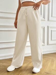 SHEIN EZwear Quần Plus Size Dây kéo màu trơn Giải trí - trắng - Xem 3