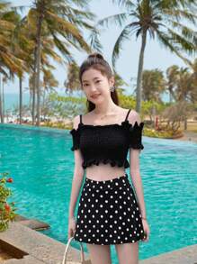 DAZY Conjunto de bikini con volantes con estampado de lunares para playa de verano - Blanco y Negro - Ver 1