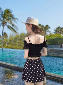 DAZY Conjunto de bikini con volantes con estampado de lunares para playa de verano - Blanco y Negro - Ver 2