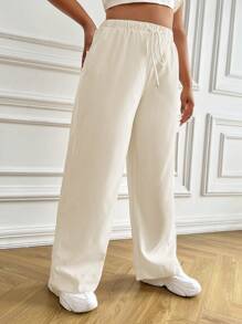SHEIN EZwear Quần Plus Size Dây kéo màu trơn Giải trí - trắng - Xem 5