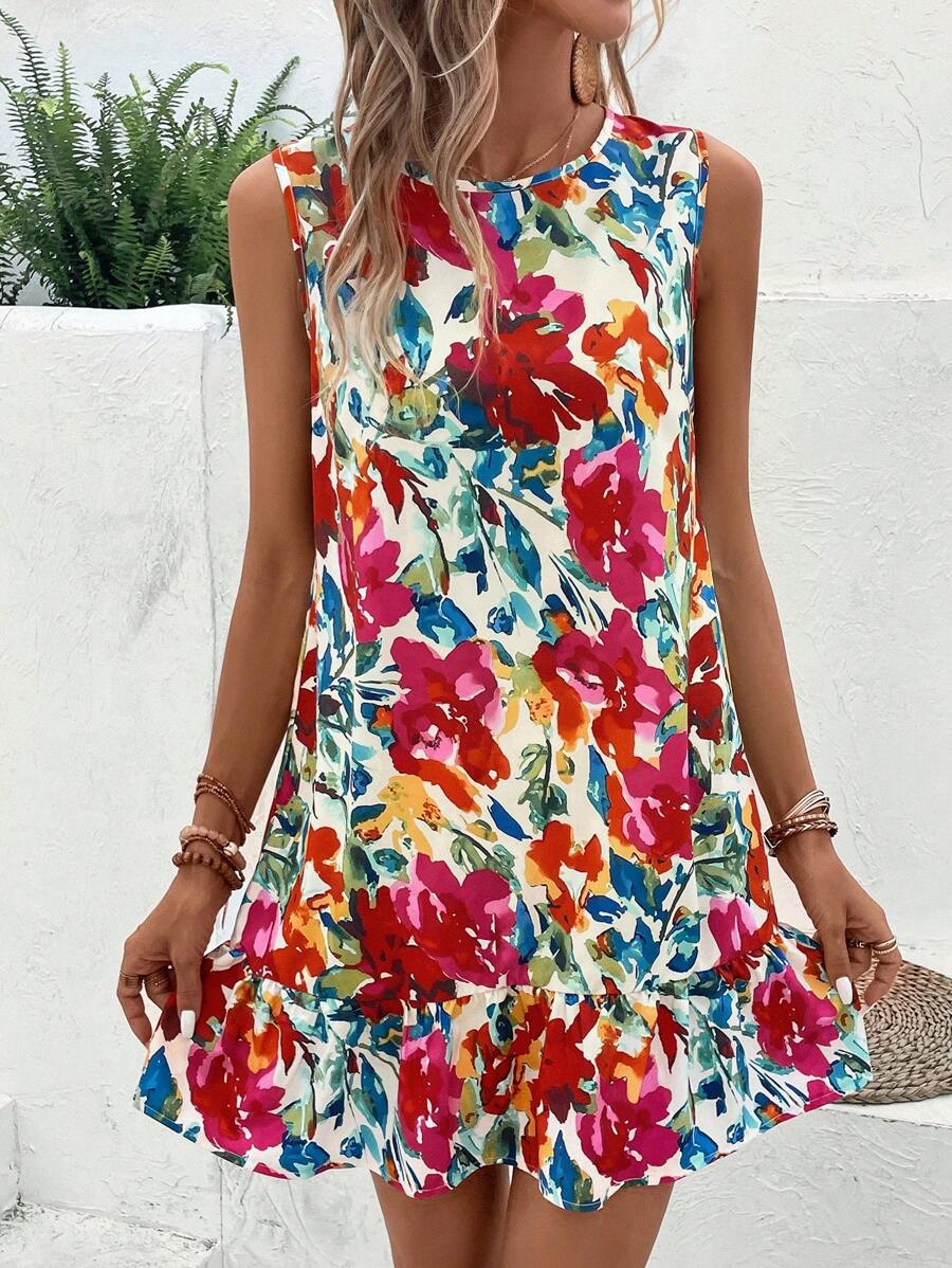 SHEIN LUNE 印花荷葉邊娃娃裙 - 彩色 - 查看 1