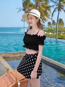 DAZY Conjunto de bikini con volantes con estampado de lunares para playa de verano - Blanco y Negro - Ver 5