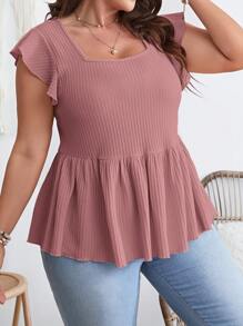 SHEIN VCAY Plus Square Neck Butterfly Sleeve Peplum Waffle Knit Tee - Dusty Pink - View 2