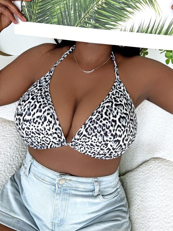 Slaydiva Plus Top de bikini cu ecou fără spate cu imprimeu leopard