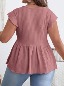 SHEIN VCAY Plus Square Neck Butterfly Sleeve Peplum Waffle Knit Tee - Dusty Pink - View 3