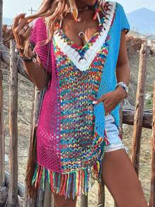 Colorblock Fringe Hem Hollow Out Batwing Sleeve Cover Up - Multicolor - View 1
