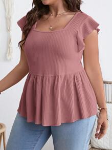 SHEIN VCAY Plus Square Neck Butterfly Sleeve Peplum Waffle Knit Tee - Dusty Pink - View 4
