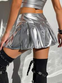 SHEIN ICON Metallic Drop Waist Pleated Hem Skirt - Silver - View 2