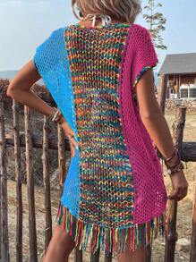 Colorblock Fringe Hem Hollow Out Batwing Sleeve Cover Up - Multicolor - View 2