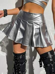 SHEIN ICON Metallic Drop Waist Pleated Hem Skirt - Silver - View 3