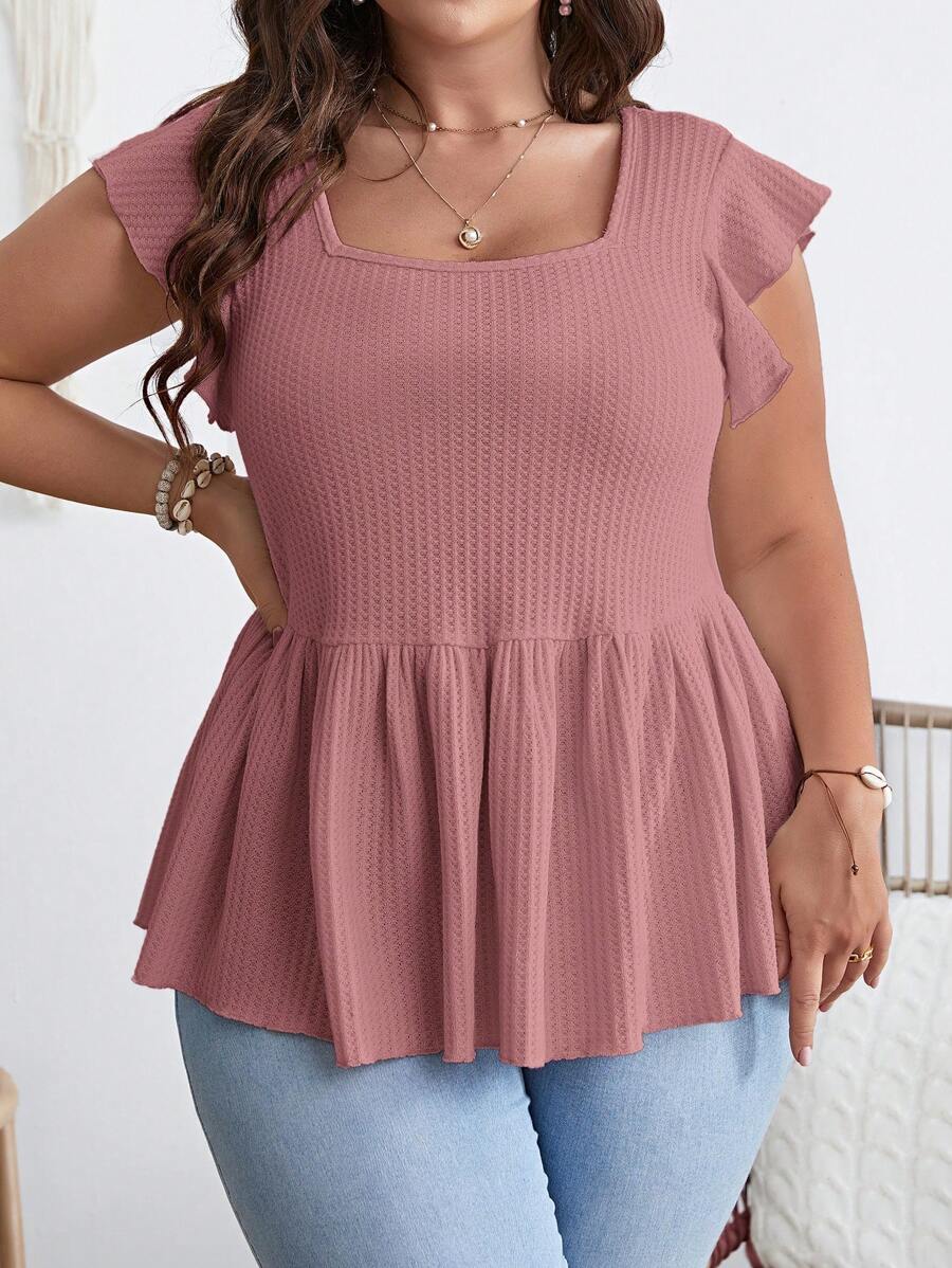 SHEIN VCAY Plus Square Neck Butterfly Sleeve Peplum Waffle Knit Tee - Dusty Pink - View 1