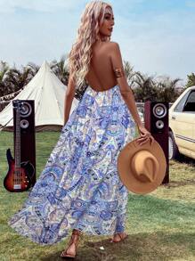 SHEIN VCAY Allover Print Tie Backless Halter Neck Dress - Baby Blue - View 2
