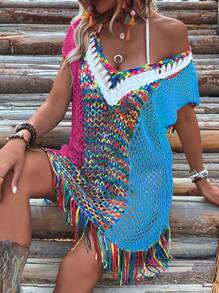 Colorblock Fringe Hem Hollow Out Batwing Sleeve Cover Up - Multicolor - View 5