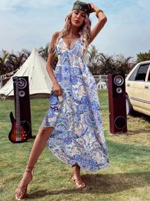 SHEIN VCAY Allover Print Tie Backless Halter Neck Dress - Baby Blue - View 3