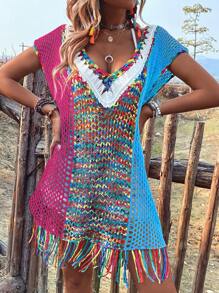 Colorblock Fringe Hem Hollow Out Batwing Sleeve Cover Up - Multicolor - View 6
