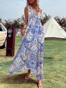 SHEIN VCAY Allover Print Tie Backless Halter Neck Dress - Baby Blue - View 4