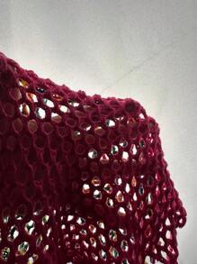 Colorblock Fringe Hem Hollow Out Batwing Sleeve Cover Up - Multicolor - View 7