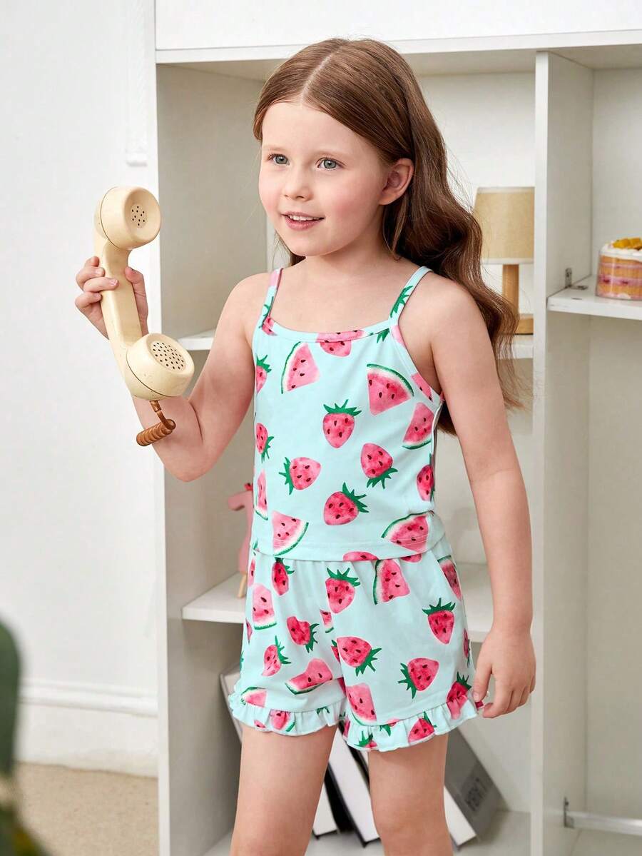 小女童草莓圖案荷葉邊睡衣套裝 - 淺藍色 - 查看 1