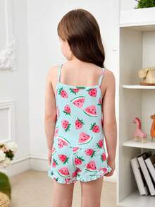 小女童草莓圖案荷葉邊睡衣套裝 - 淺藍色 - 查看 2