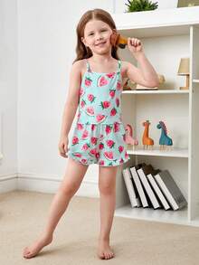 小女童草莓圖案荷葉邊睡衣套裝 - 淺藍色 - 查看 3