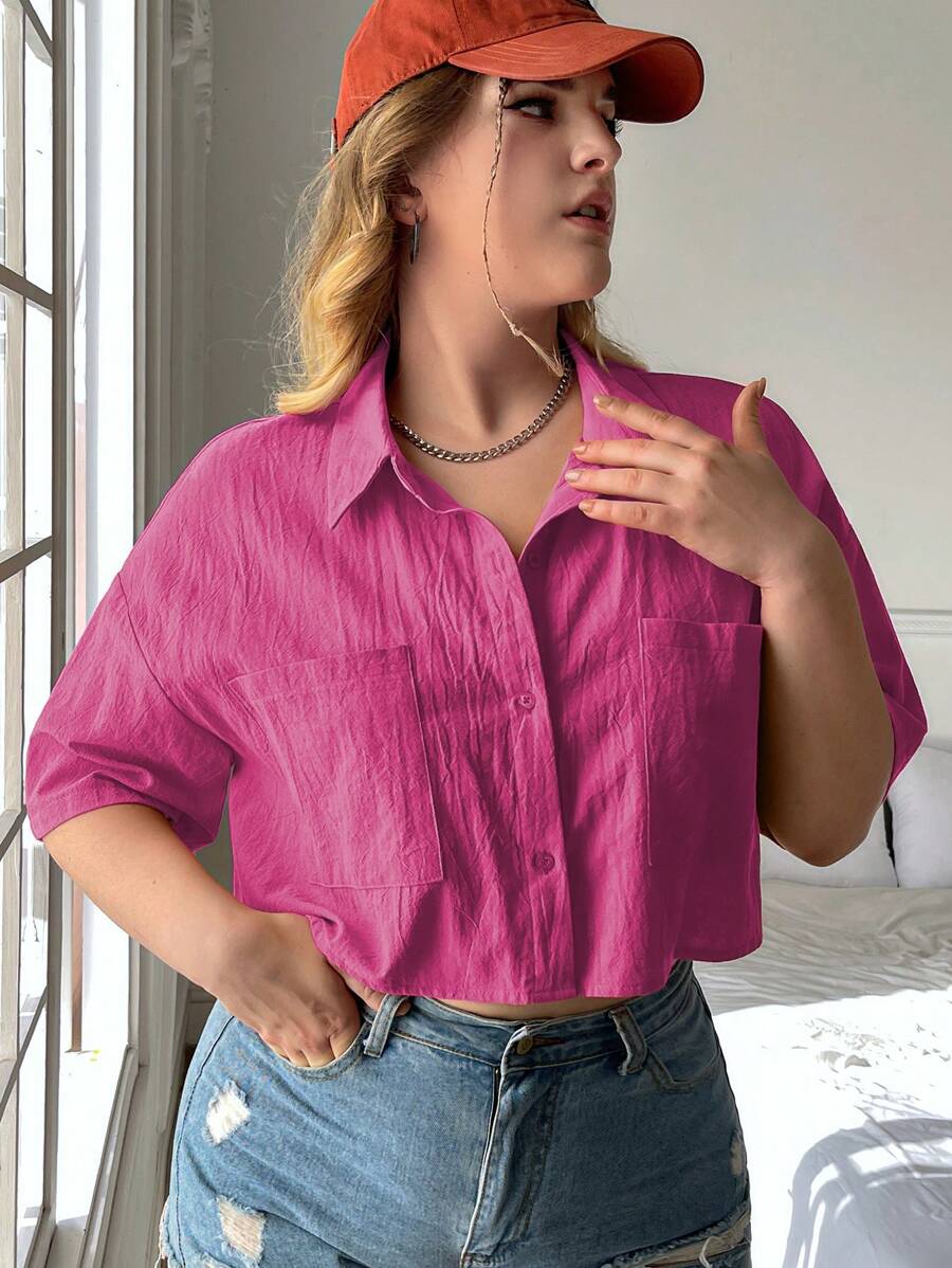 SHEIN EZwear Áo sơ mi Plus Size Túi Nút phía trước màu trơn Giải trí - Màu Hồng Tươi - Xem 1