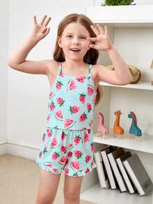 小女童草莓圖案荷葉邊睡衣套裝 - 淺藍色 - 查看 4