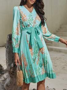 SHEIN VCAY 波西米亞腰帶 百褶花卉印花女士連衣裙 - 綠色 - 查看 5