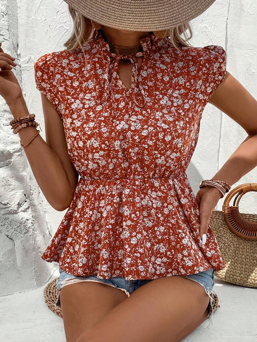 SHEIN LUNE 碎花繫帶領荷葉邊下擺襯衫 - 紅色 - 查看 1