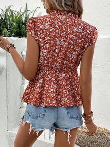 SHEIN LUNE 碎花繫帶領荷葉邊下擺襯衫 - 紅色 - 查看 2