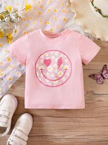 SHEIN 年輕女孩花朵和卡通圖形t恤 - 粉色 - 查看 1